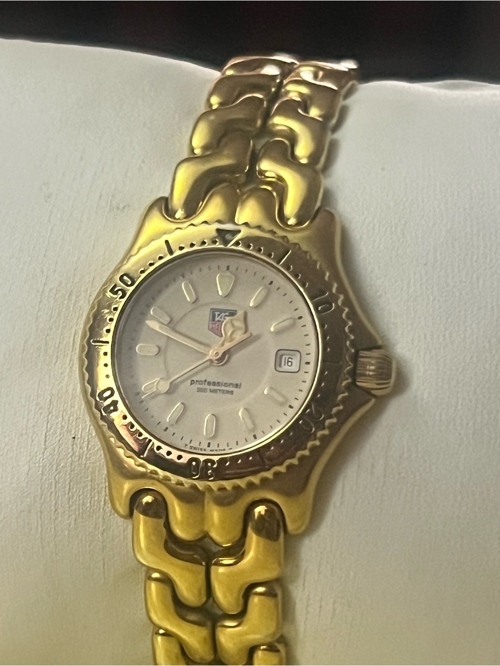 Tag Heuer Gold Tone Watch with Cream Dial and Black Bezel Accents 28mm